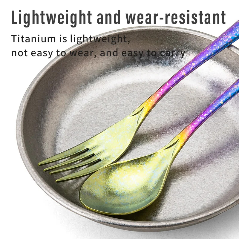 Titanium fork and spoon on a metallic plate with text about their lightweight and wear-resistant properties.