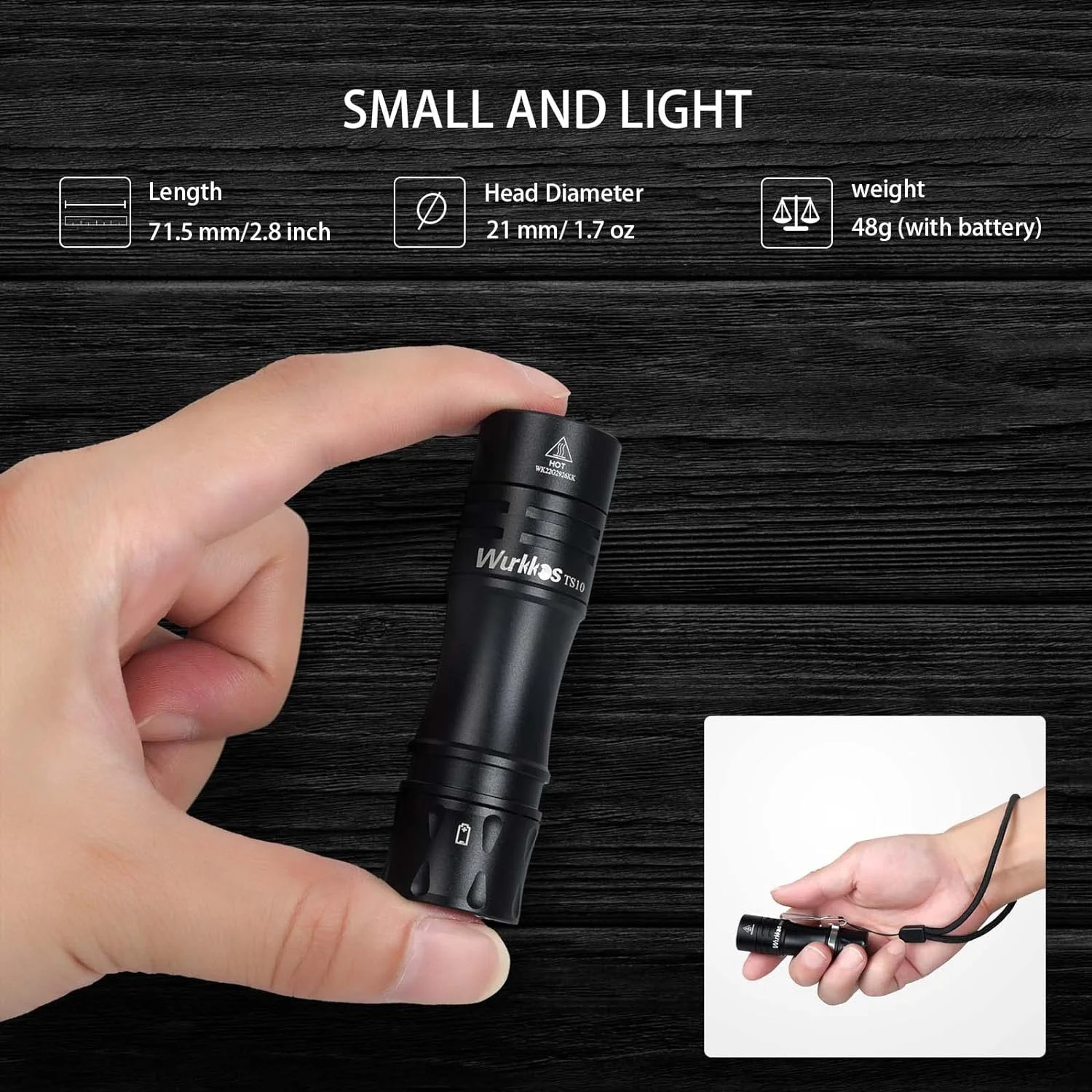 Black flashlight held in a hand with specifications displayed on a dark wooden background