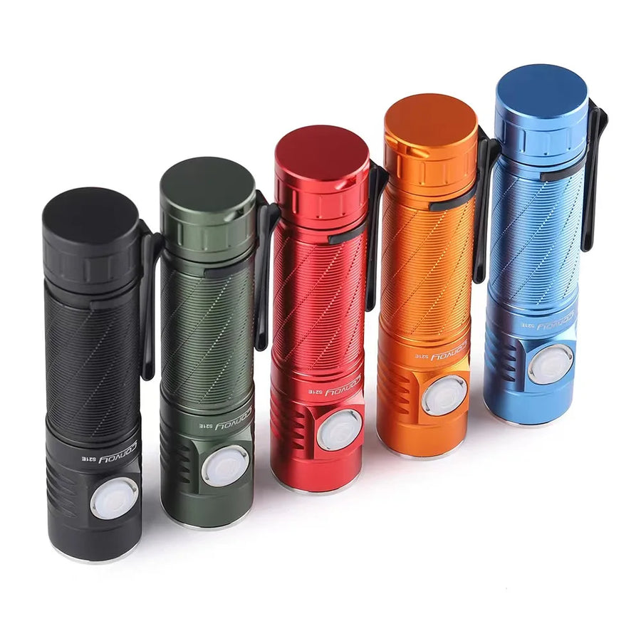 Five colorful flashlights in black, green, red, orange, and blue on a white background.