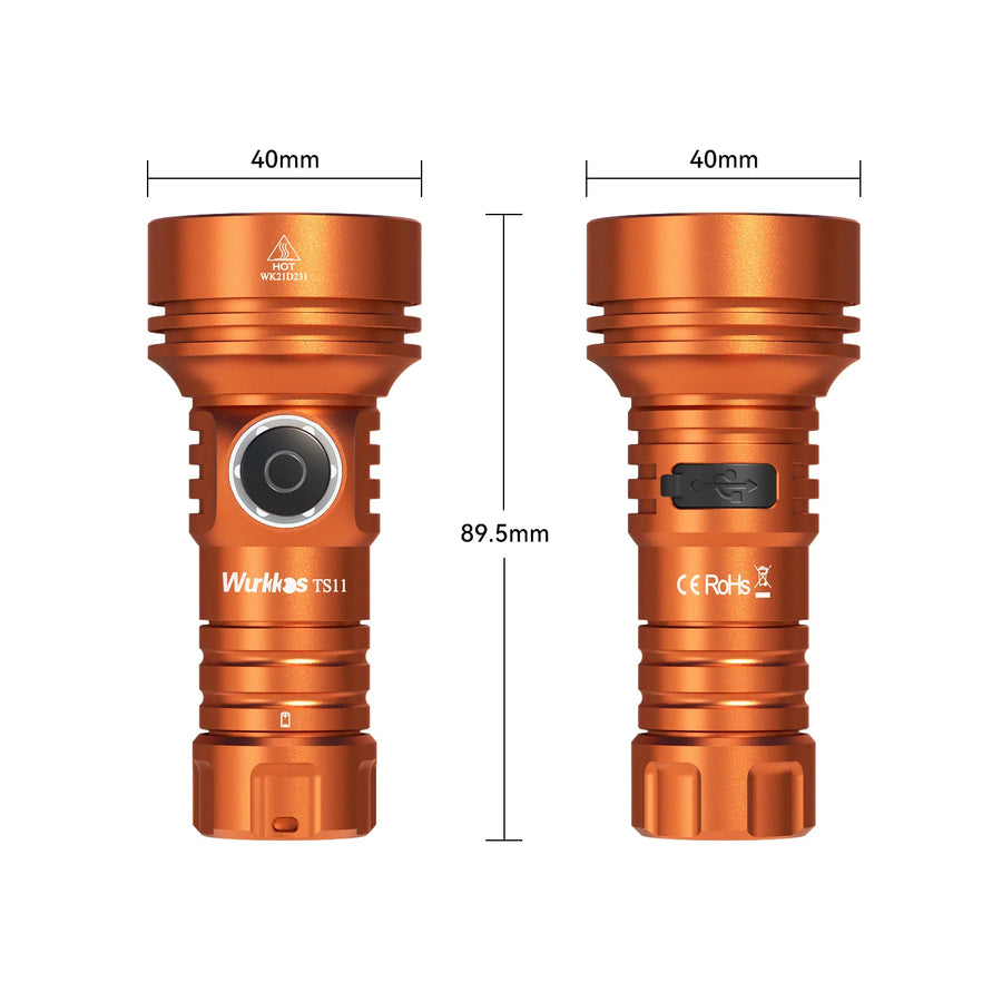Two orange flashlights with dimensions labeled on a white background