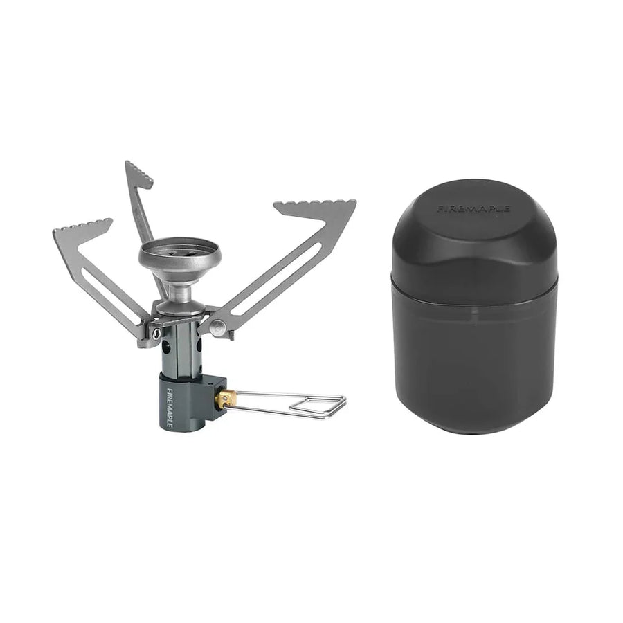 Portable camping stove and black container on a white background