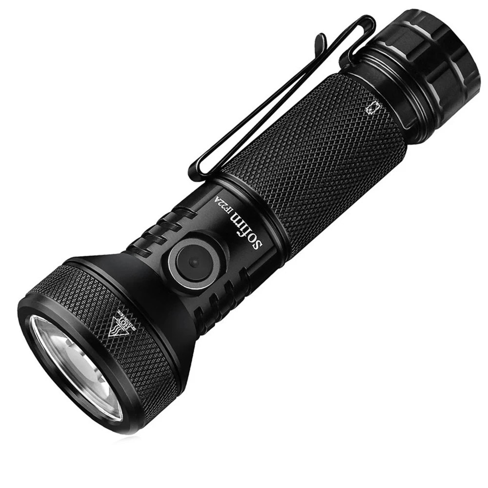 Black Sofirn IF22A flashlight with visible brand name on a white background