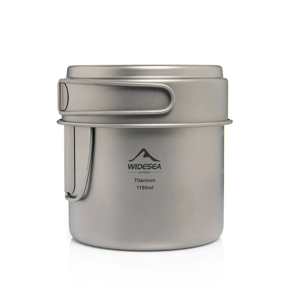 Titanium pot with handle on a white background, featuring the Widesea brand.