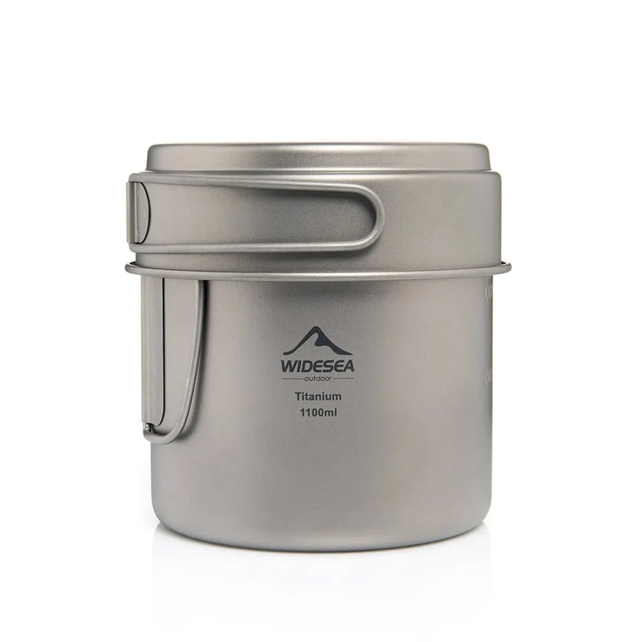 Titanium pot with handle on a white background, featuring the Widesea brand.