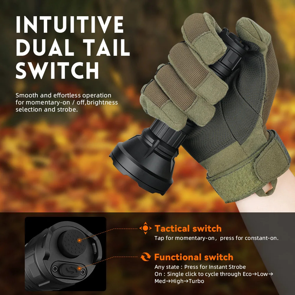 Green tactical glove with black flashlight and switch mechanism, autumn leaves background