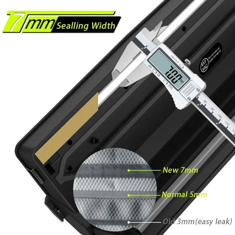 Digital caliper measuring sealing width with text indicating 7mm sealing width.