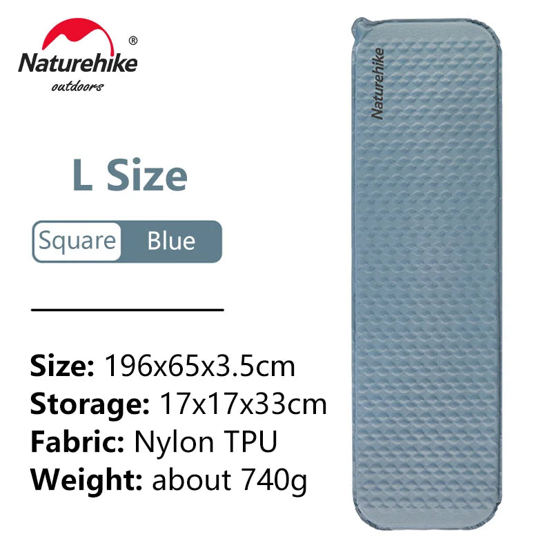 Blue inflatable camping mat with Naturehike branding and product details on a white background