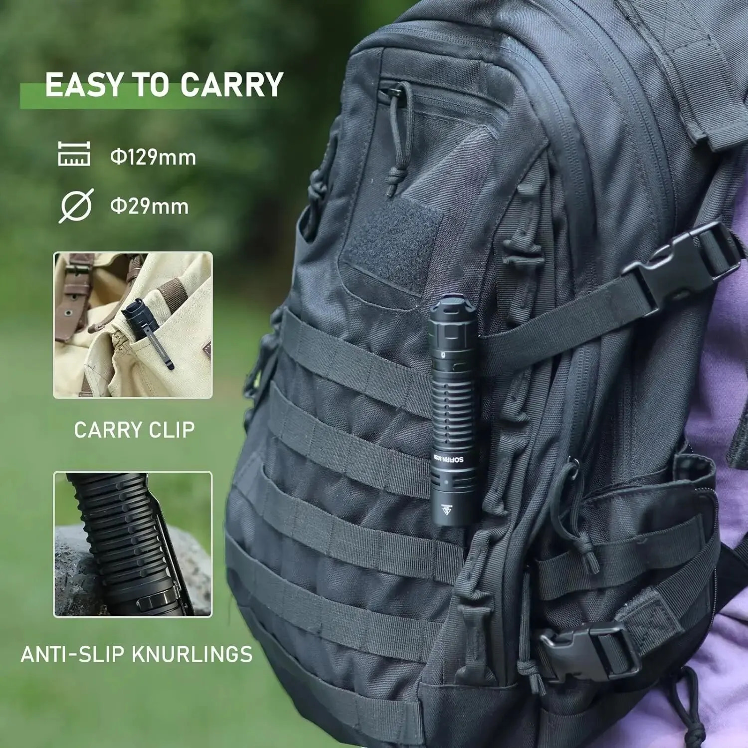 Black tactical backpack with features highlighted on a green background