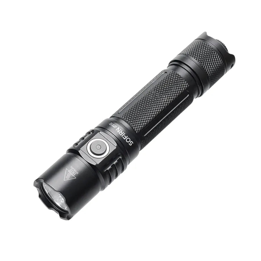 Black flashlight with visible brand name on a white background