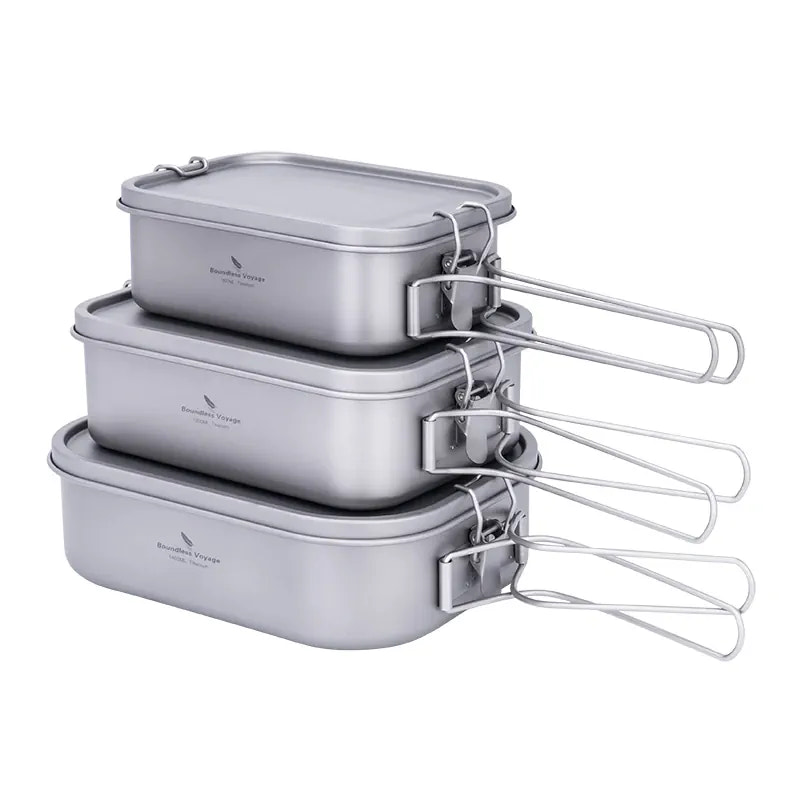 Set of three titanium food containers with lids on a white background