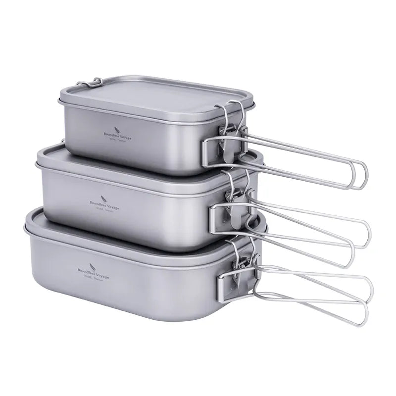 Set of three titanium food containers with lids on a white background