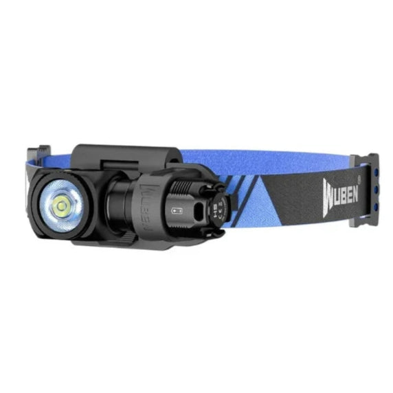 Headlamp with blue headband and visible brand logo on a white background