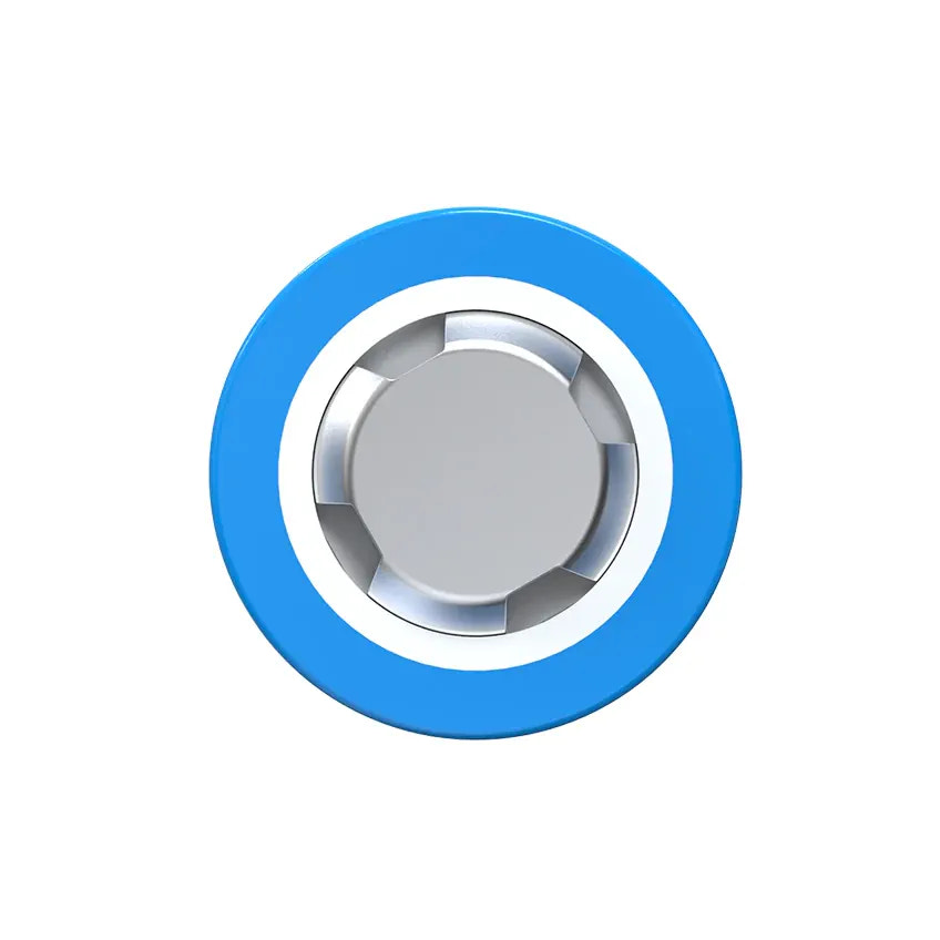 Round metallic object with blue rim on a white background