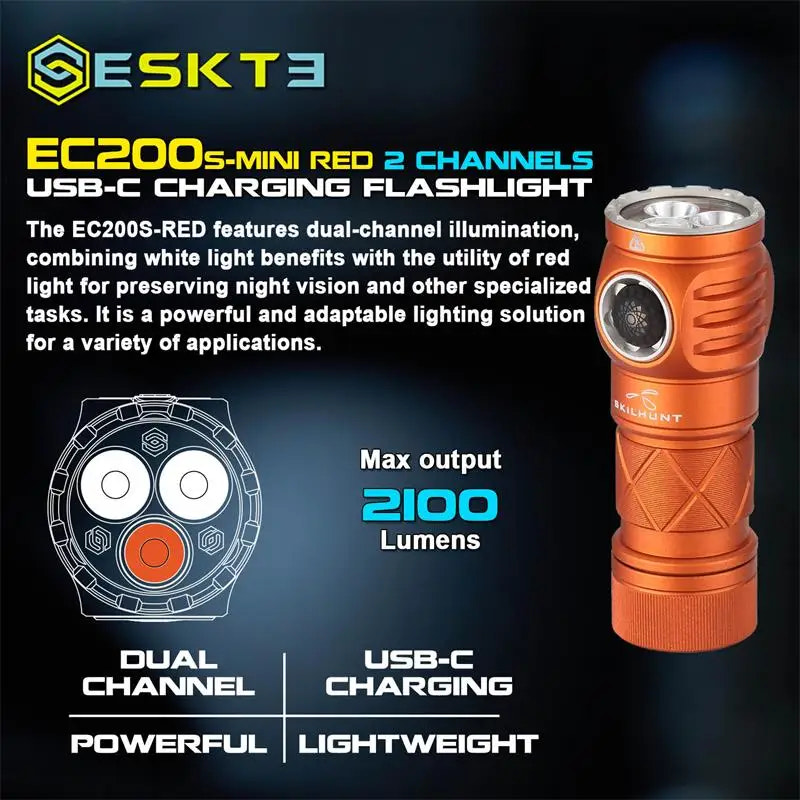eskt3 EC200S-RED USB-C charging flashlight with features highlighted on a dark background