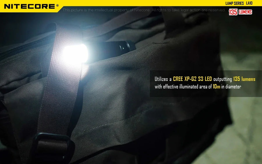 Nitecore flashlight illuminating a bag with product details on a dark background