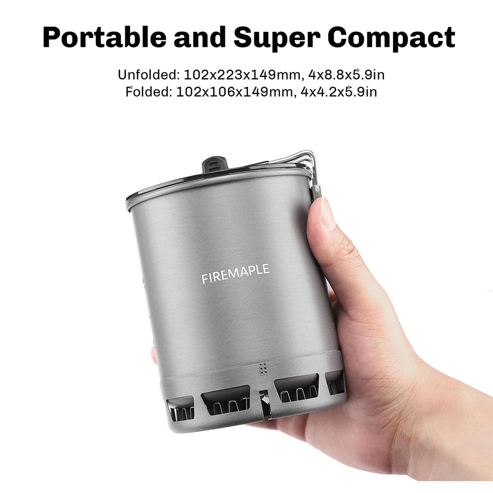 Hand holding a portable camping stove with Firemaple branding on a white background