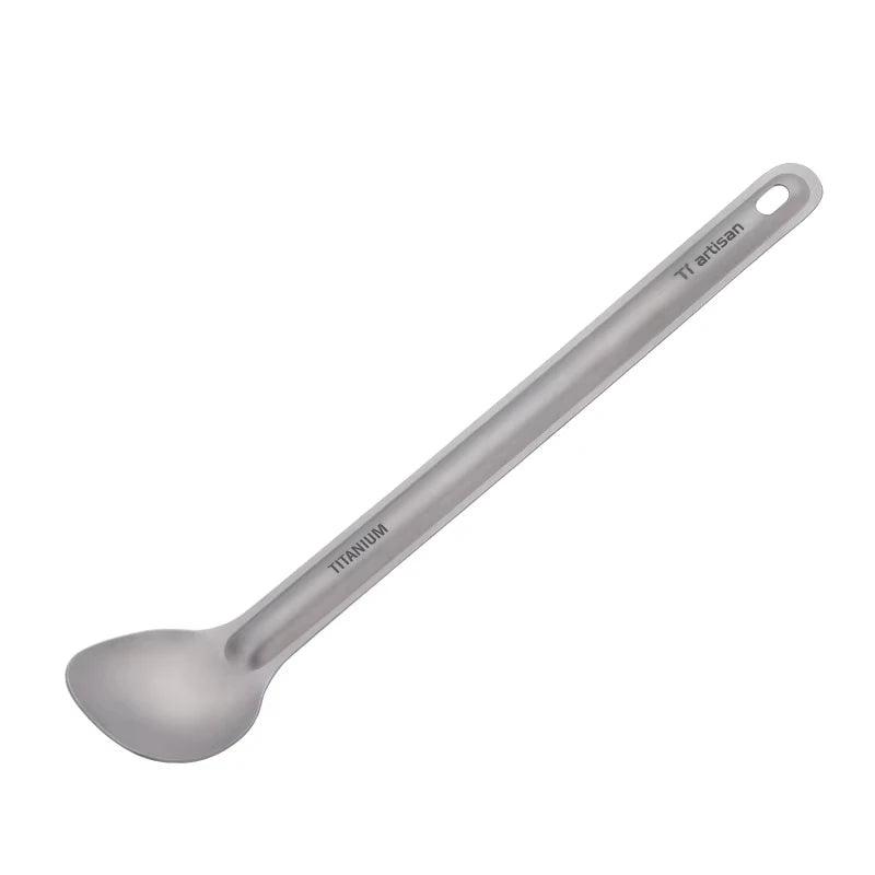 titanium long spoon with 'artisan' branding on a white background