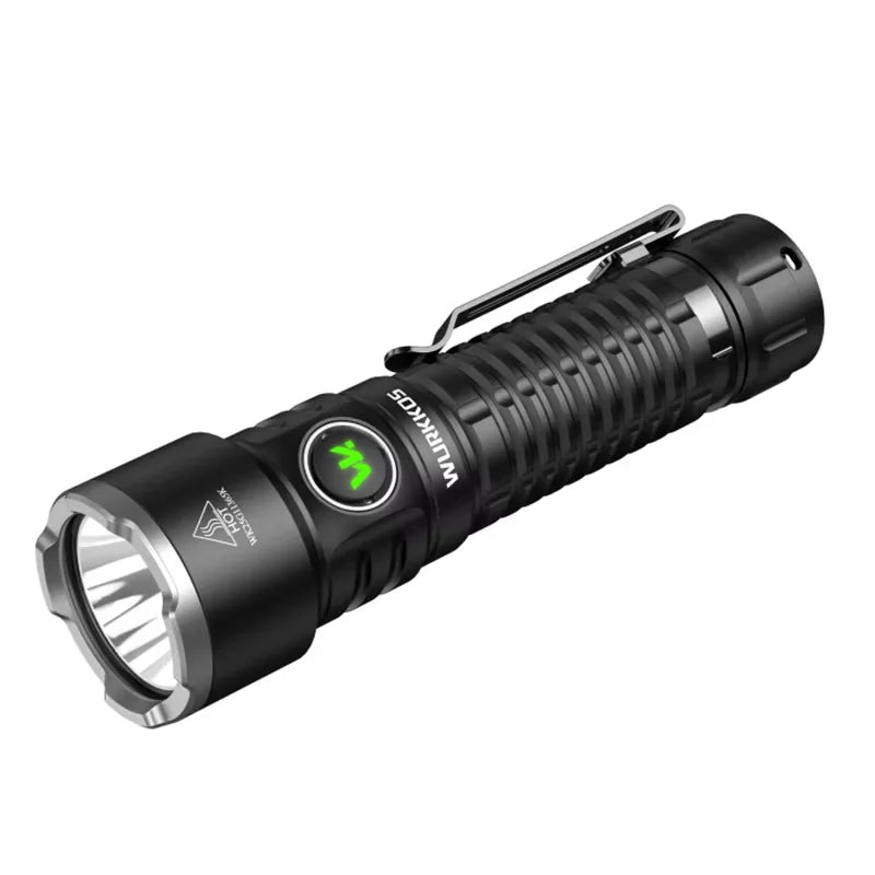 Black flashlight with visible brand logo on a white background