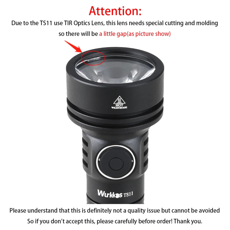 Black flashlight with Wurkkos branding and text about TIR Optics Lens on a white background