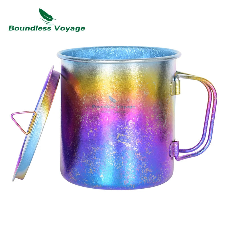 Colorful metallic mug with handle and lid on a white background, featuring 'Boundless Voyage' brand.