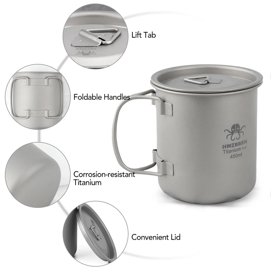 Titanium mug with features highlighted on a white background