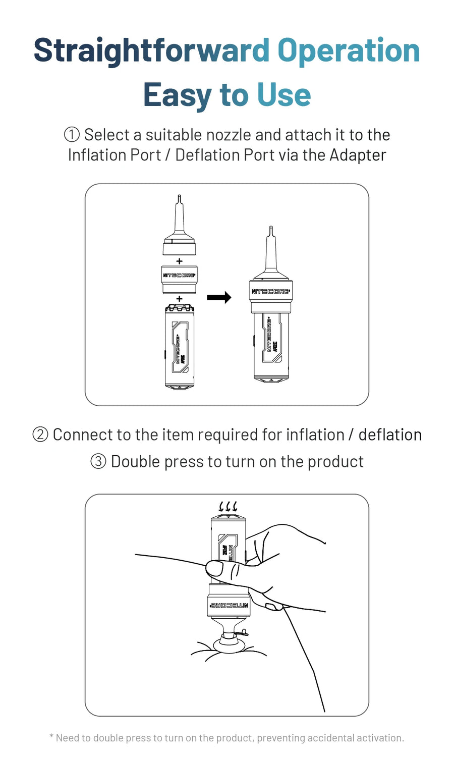 Instructions for using a device with a nozzle attachment and inflation/deflation port on a white background.