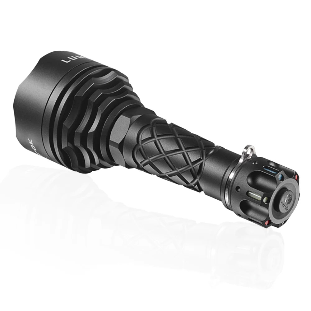 Black flashlight with textured design on a white background