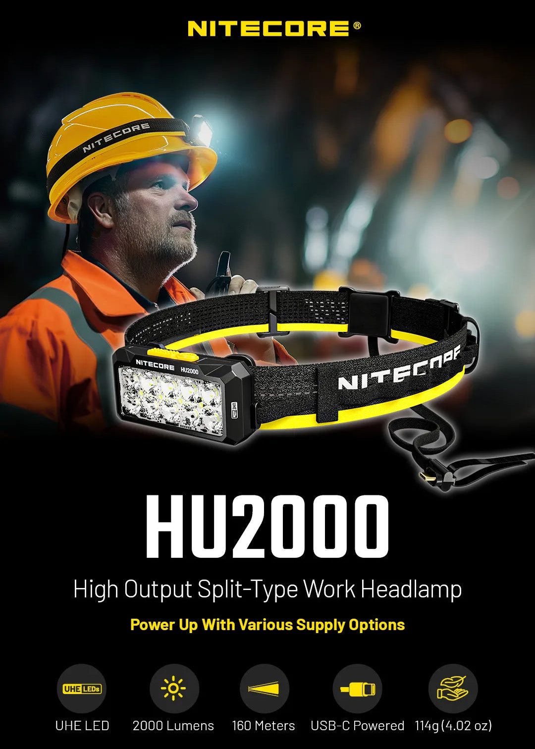 Nitecore HU2000 high output split-type work headlamp with a person wearing a hard hat in the background.