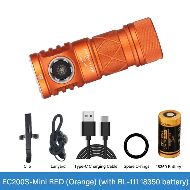 Orange flashlight with accessories on a white background
