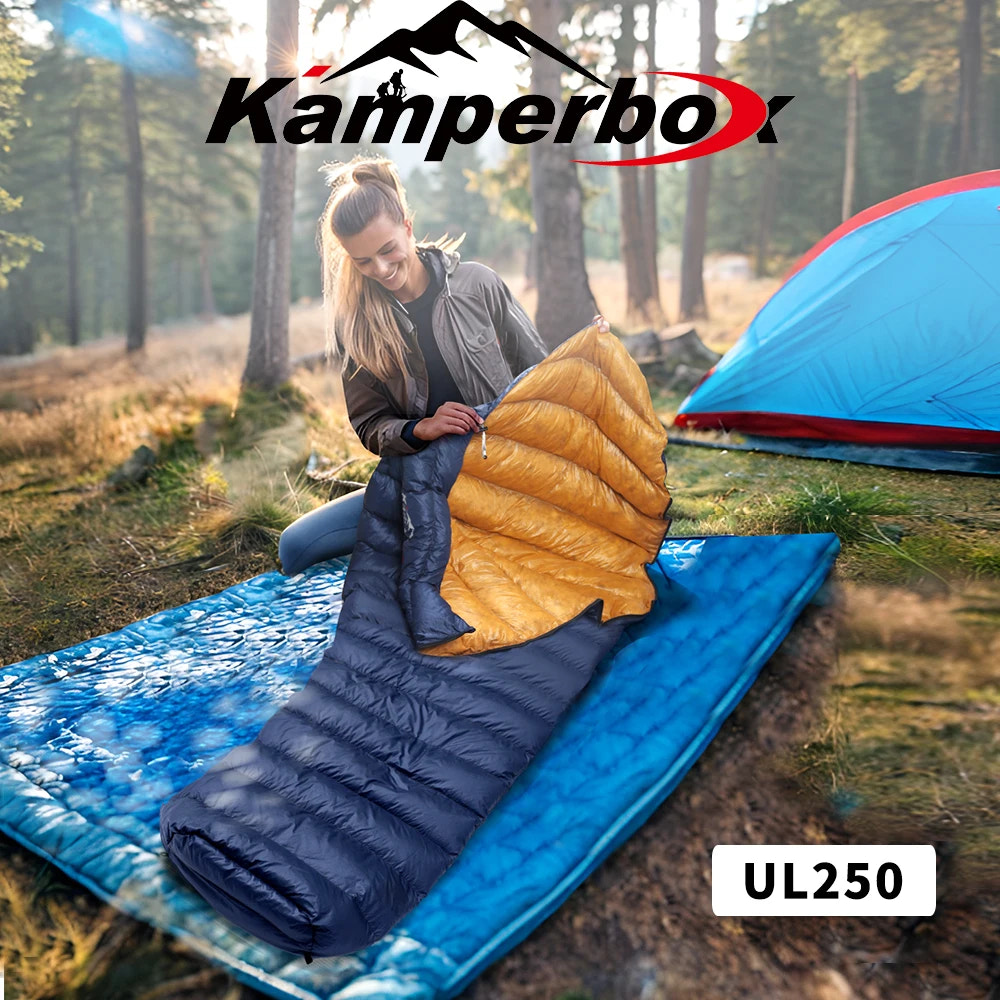 Person with Kamperbox sleeping bags in a forest setting
