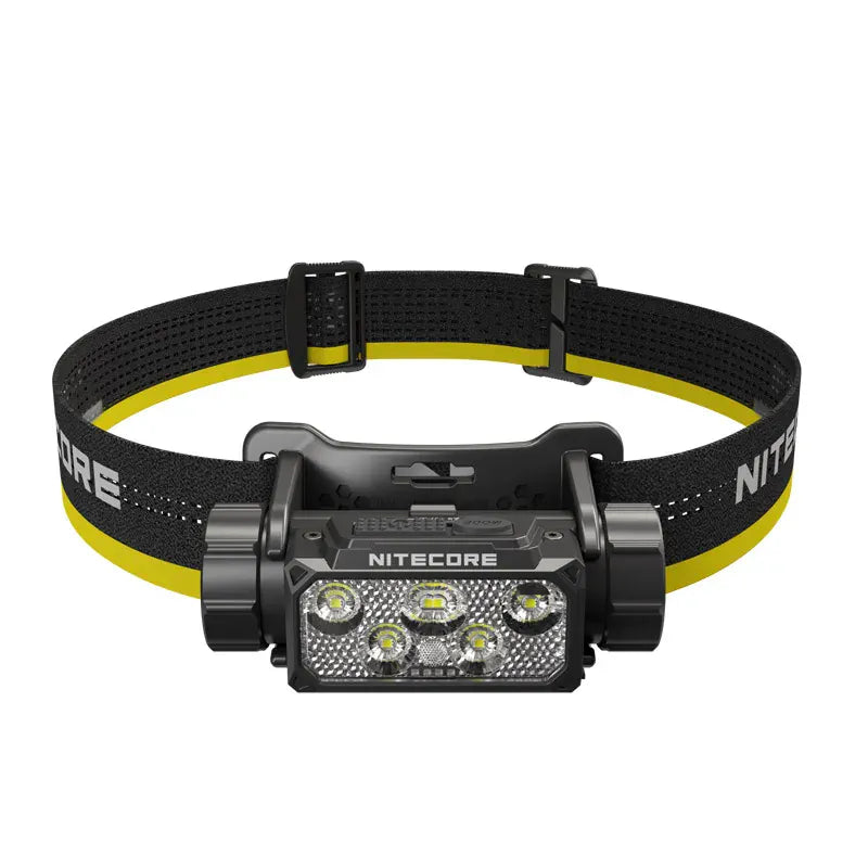 Nitecore headlamp with black and yellow strap on a white background