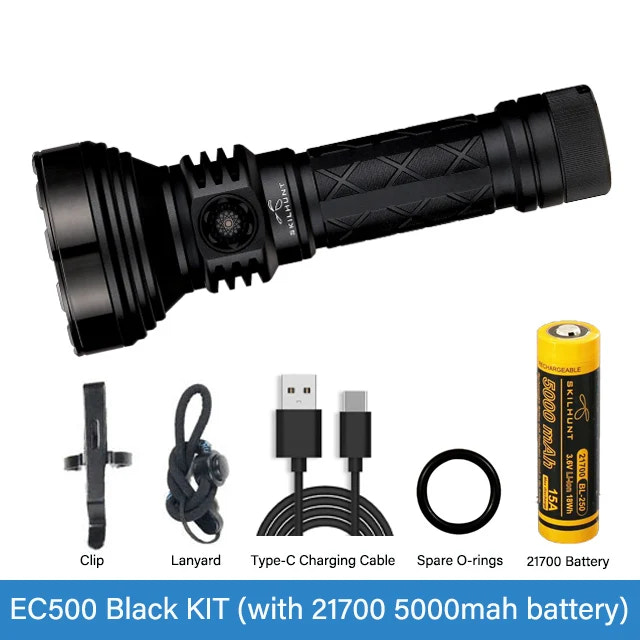 Black flashlight kit with battery, clip, lanyard, and charging cable on a white background