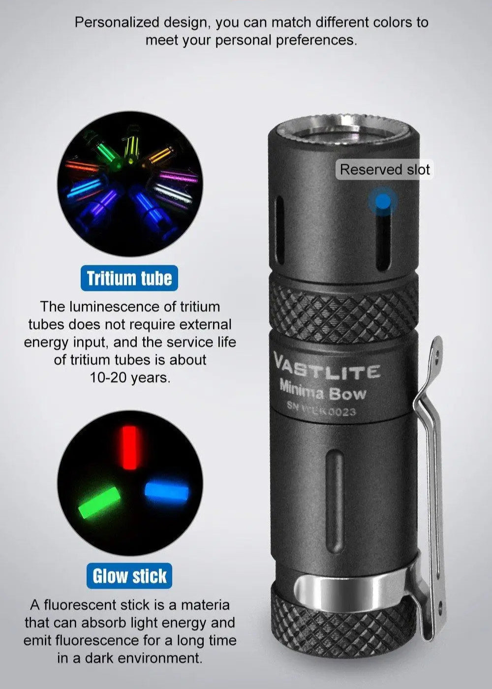 Vastlite Miniature Bow flashlight with tritium tube and glow stick features on a gray background