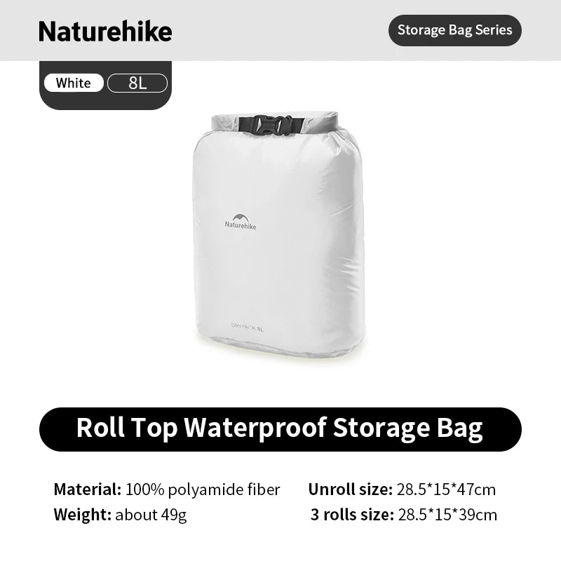White roll top waterproof storage bag with Naturehike branding on a white background