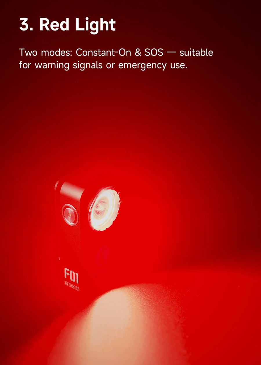 Red light with 'F01' branding on a red background