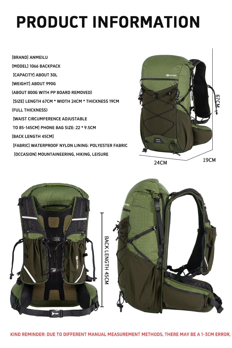 Green backpack with detailed product information and dimensions on a white background