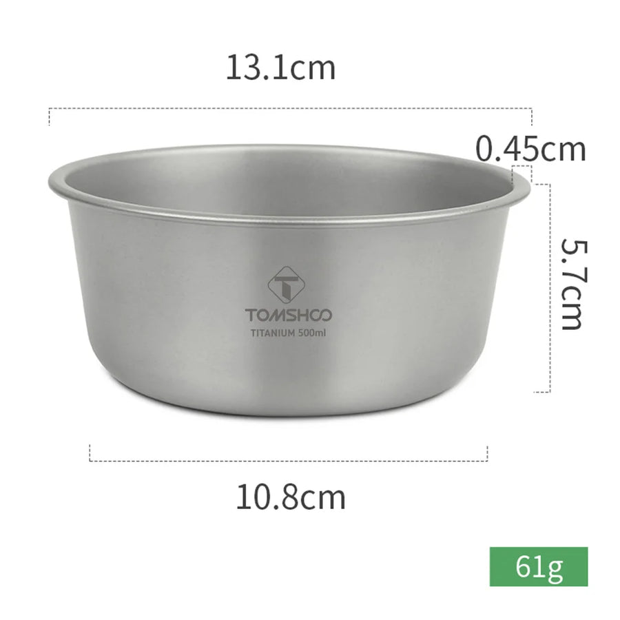 Titanium bowl with dimensions and weight displayed on a white background