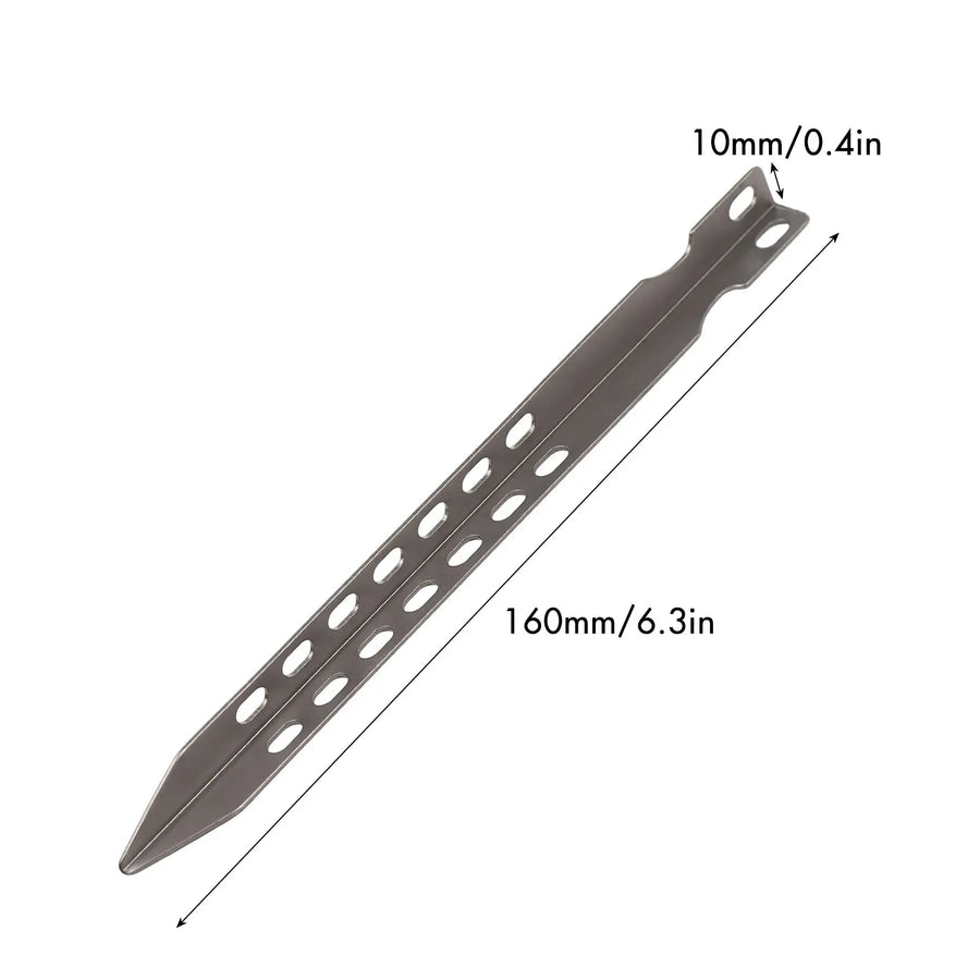 Measurement chart of a tent stake with dimensions labeled on a white background