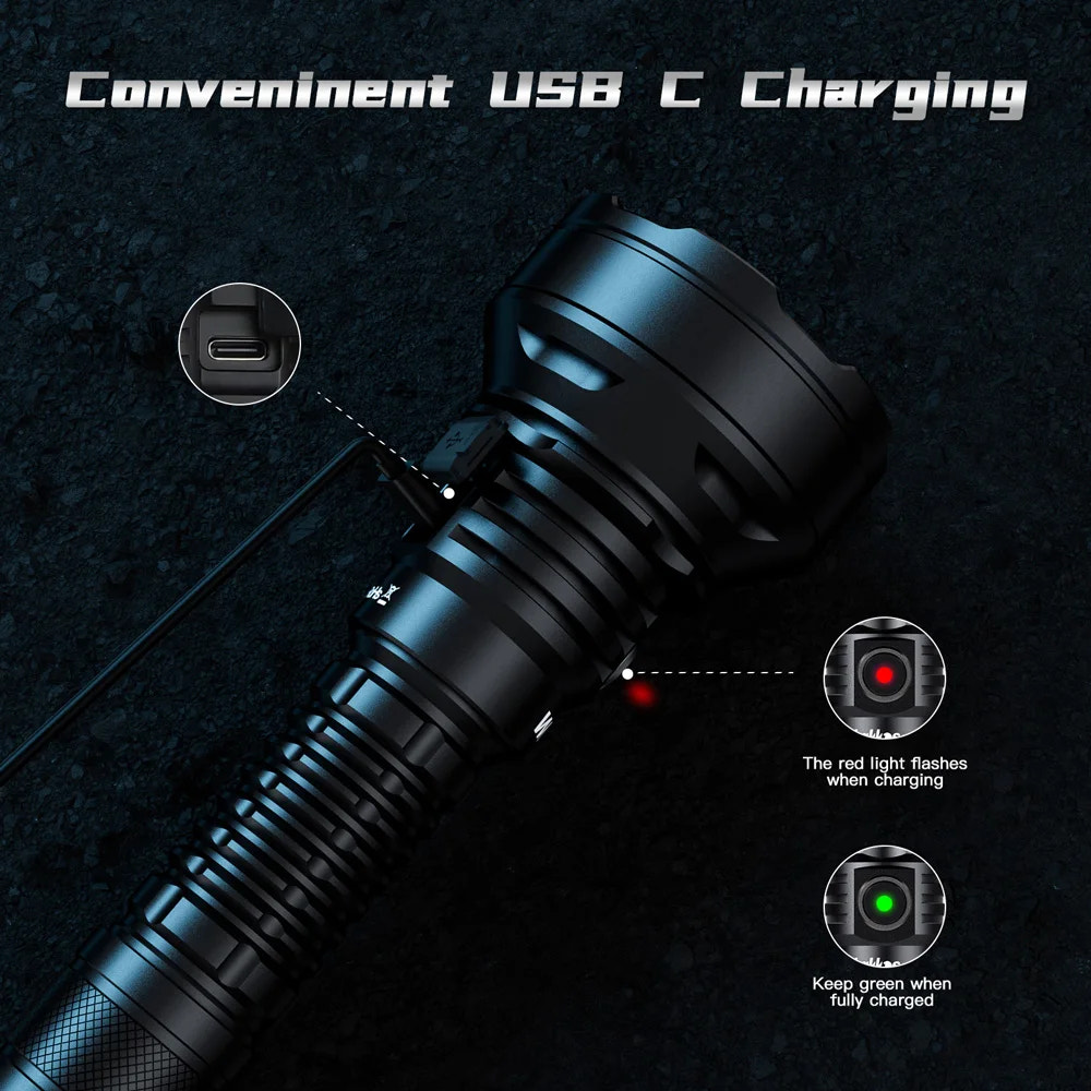 Black flashlight with USB charging feature on a dark background