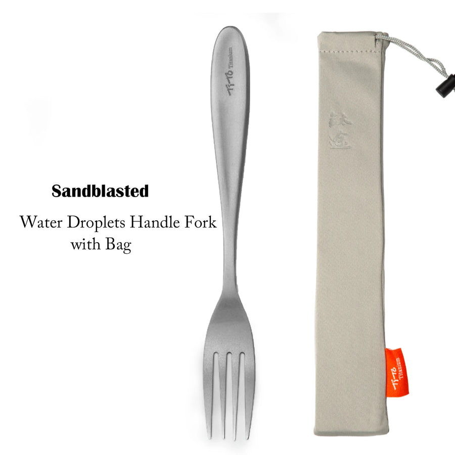 Sandblasted water droplets handle fork with a carrying bag on a white background