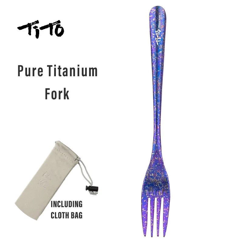 Pure Titanium Fork with purple and blue design, including a cloth bag, on a white background.