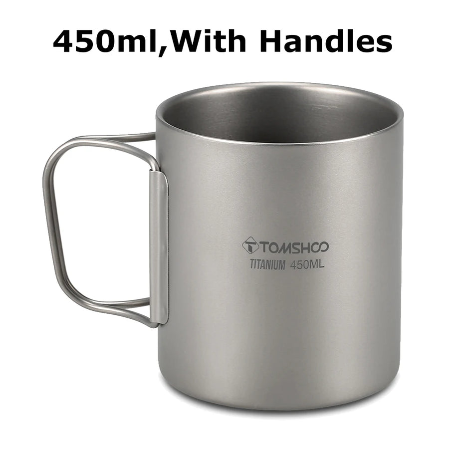 titanium mug with handles and 'TOMSHOO' branding on a white background