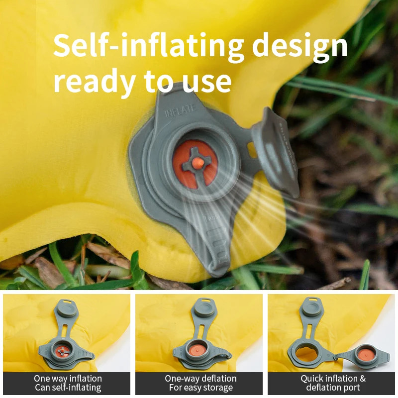 Yellow inflatable device with inflation valve on grass, labeled 'Self-inflating design ready to use'.