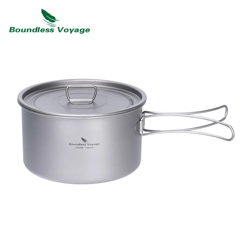 Camping pot with lid on a white background, featuring Boundless Voyage branding.