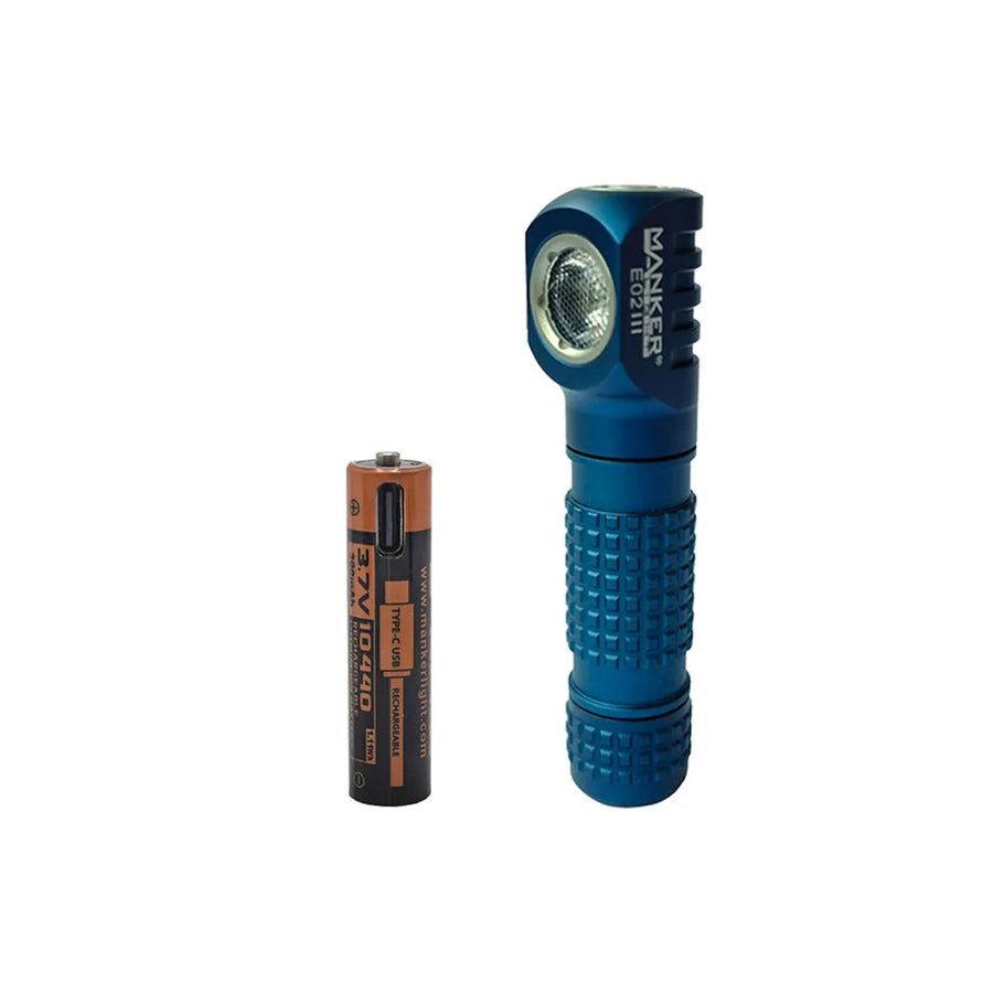 Blue flashlight with a battery on a white background