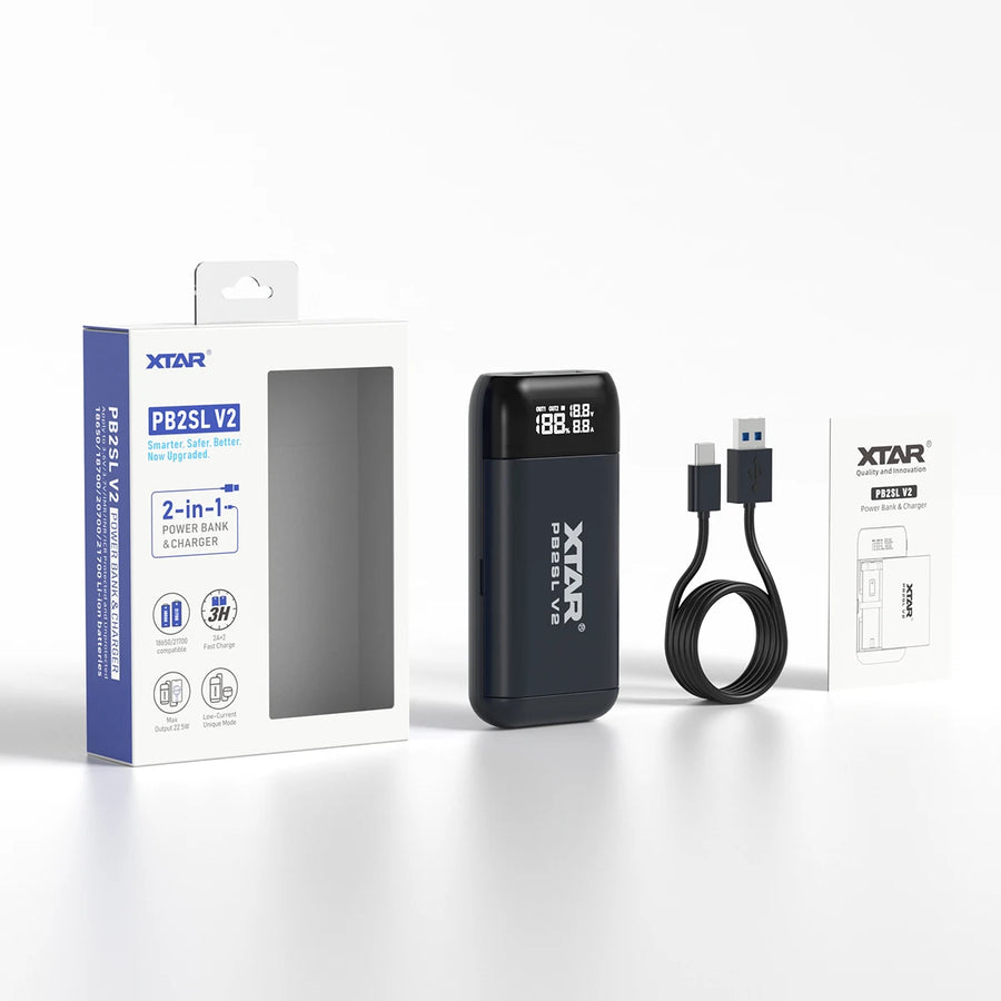 XTAR power bank, charger cable, and packaging on a white background
