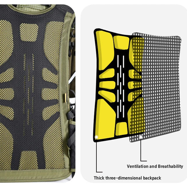 Green backpack with ventilation and breathability features highlighted on a white background