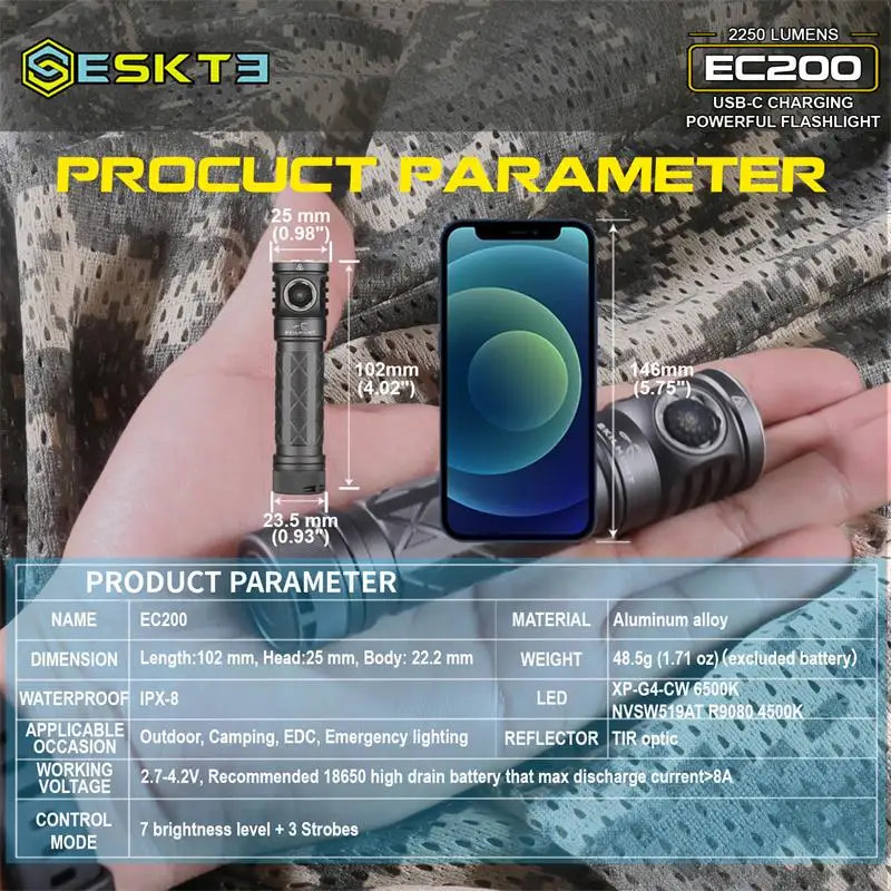 ESKTE EC200 flashlight held in hand with product parameters displayed