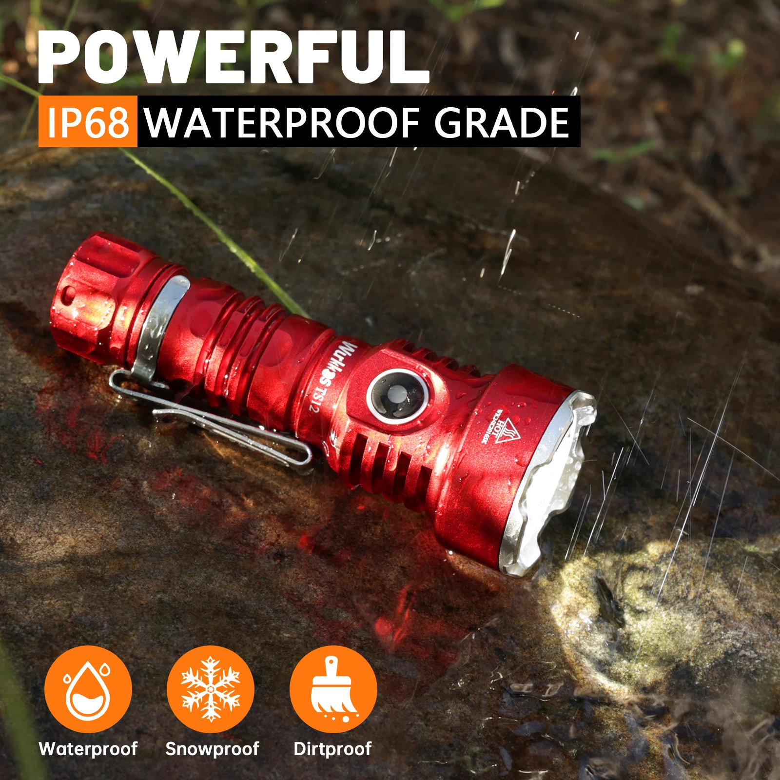 Red flashlight on a wet stone surface with 'Powerful' and 'IP68 Waterproof Grade' text above it.