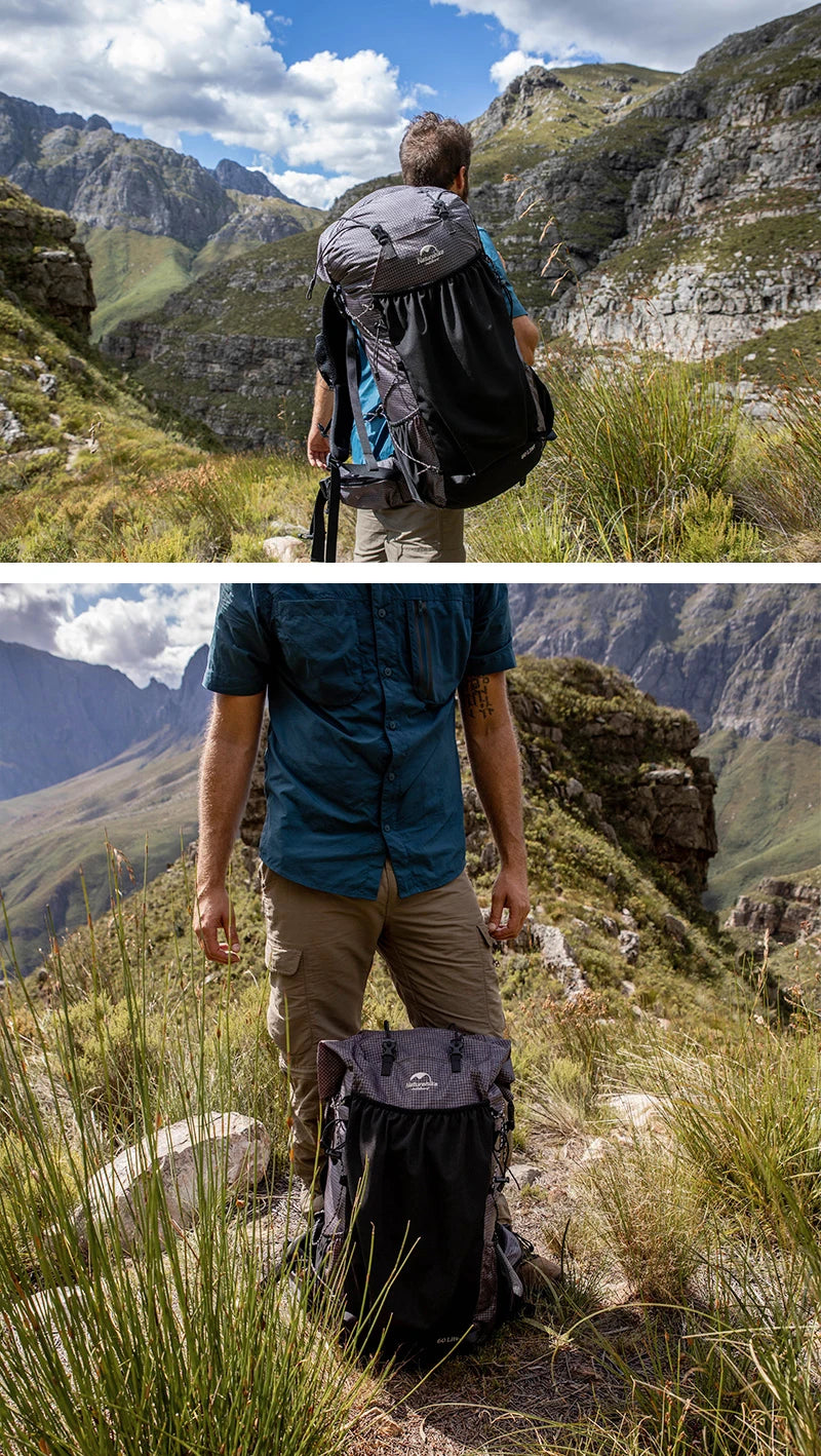Two views of a person hiking with a backpack in a mountainous landscape.